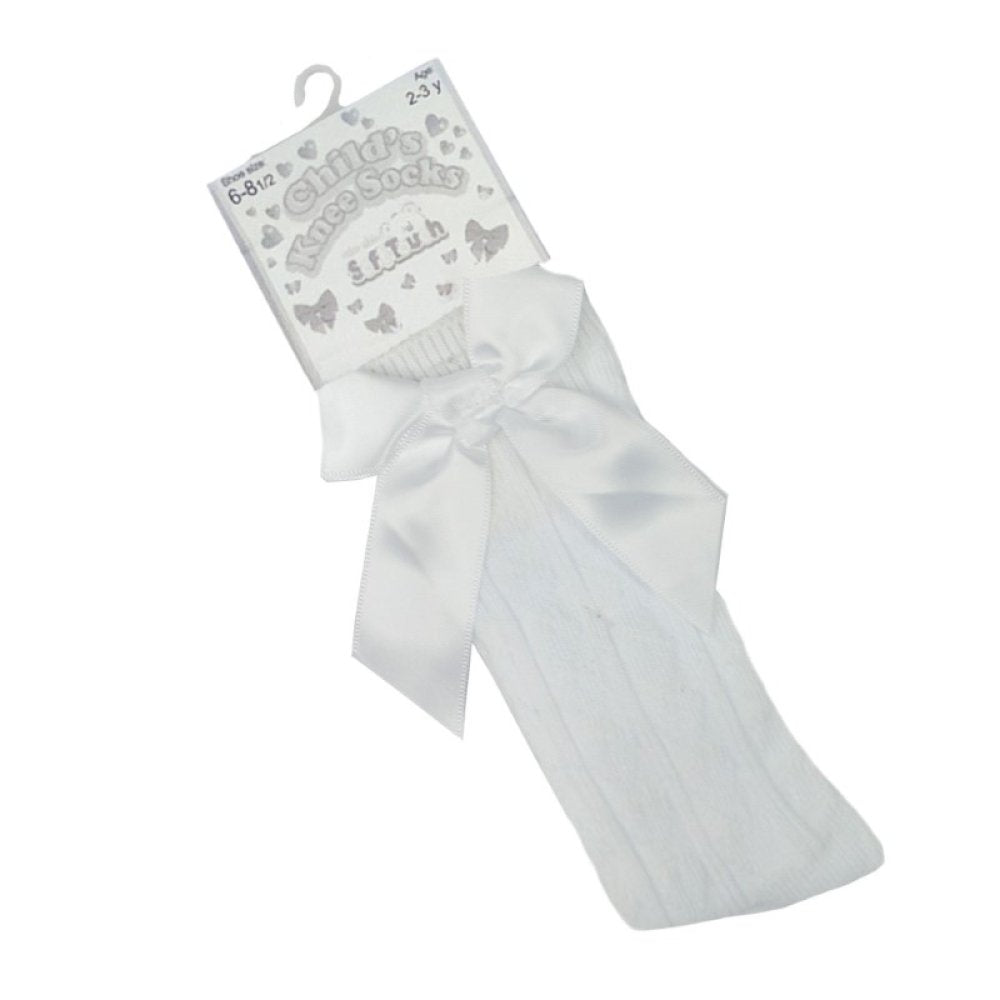 Girls’ white knee-length socks with satin bow – sizes 2–9 years