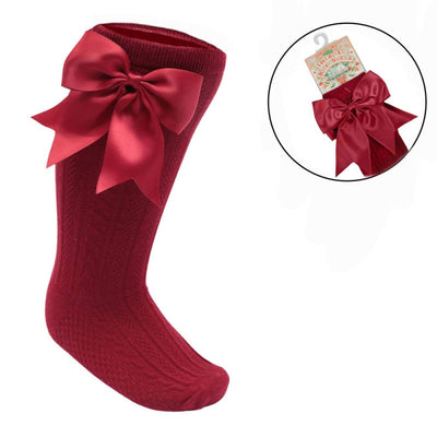 Burgundy ribbed baby knee-length socks with large satin bow for girls aged 0–24 months