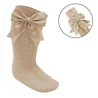 Coffee ribbed baby knee-length socks with large satin bow for girls aged 0–24 month