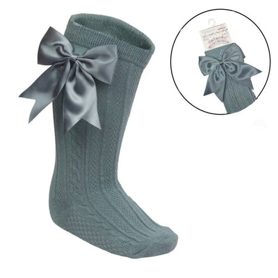 Sage ribbed baby knee-length socks with large satin bow for girls aged 0–24 months