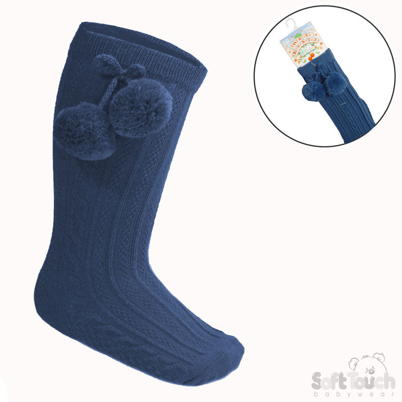 Steel blue knee-length baby socks with pom pom detail for boys, sizes 0–24 months