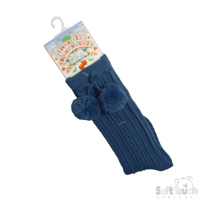 Steel blue knee-length baby socks with pom pom detail for boys, sizes 0–24 months