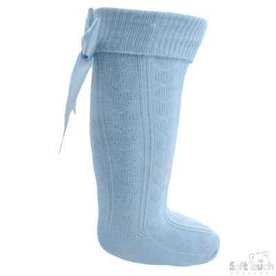 Blue ribbed baby knee-length socks with satin bow for girls aged 0–24 months