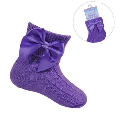 Plum purple ribbed baby ankle socks with large satin bow for girls aged 0–24 months