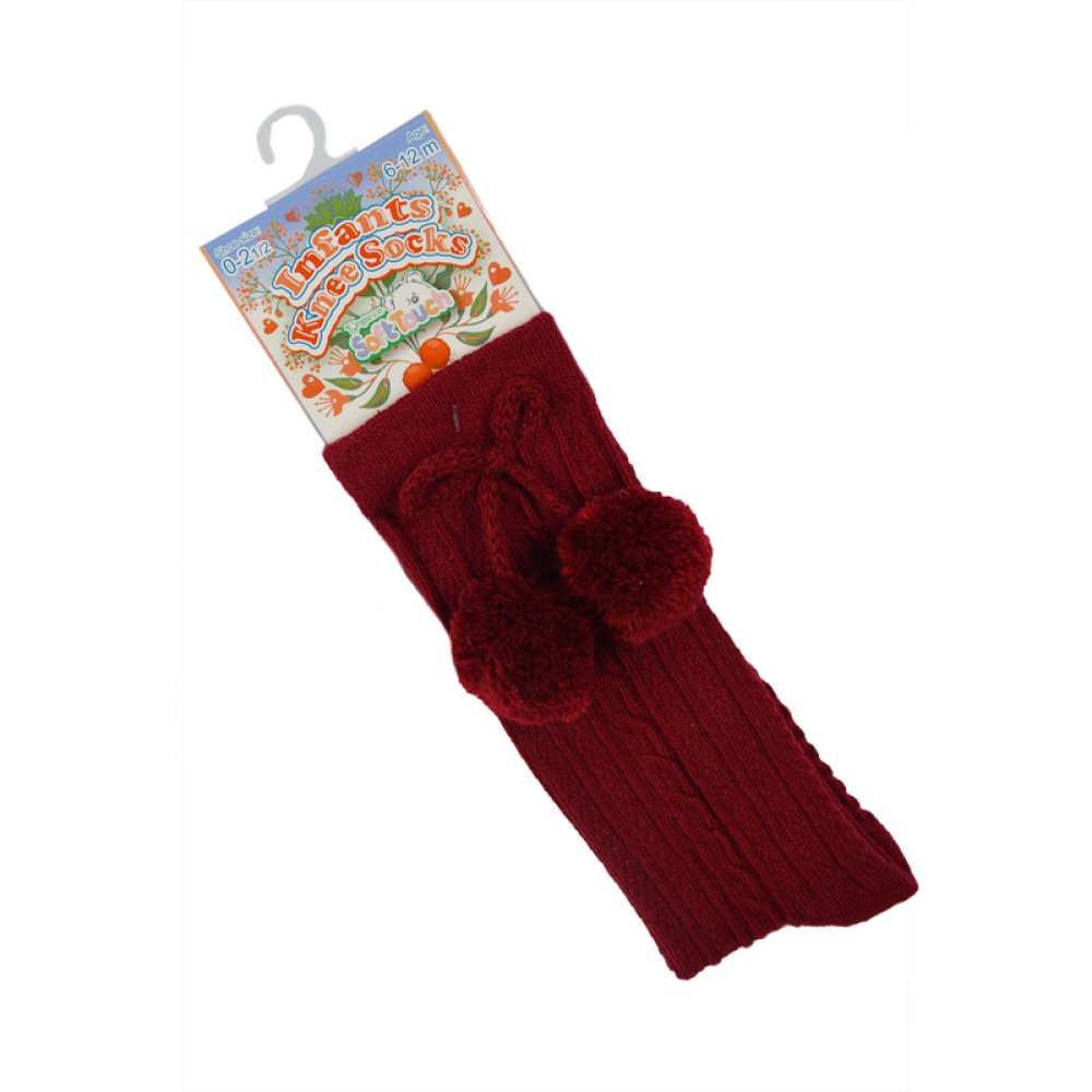 Burgundy knee-length baby socks with side pom pom for 0-24 months