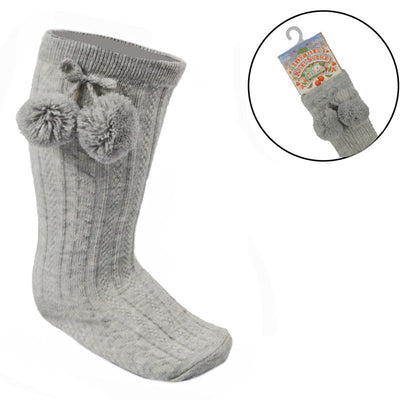 Soft Touch - Grey Knee High Length Pom Pom Socks - Baby Girls Pom Pom Socks For Sale - Girls Socks & Tights - S47-G - Kidz Emporium 