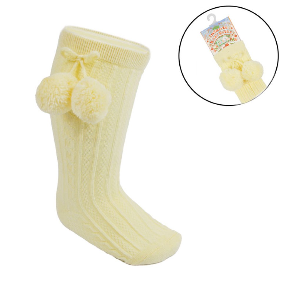 Lemon knee-length baby socks with side pom pom for 0-24 months