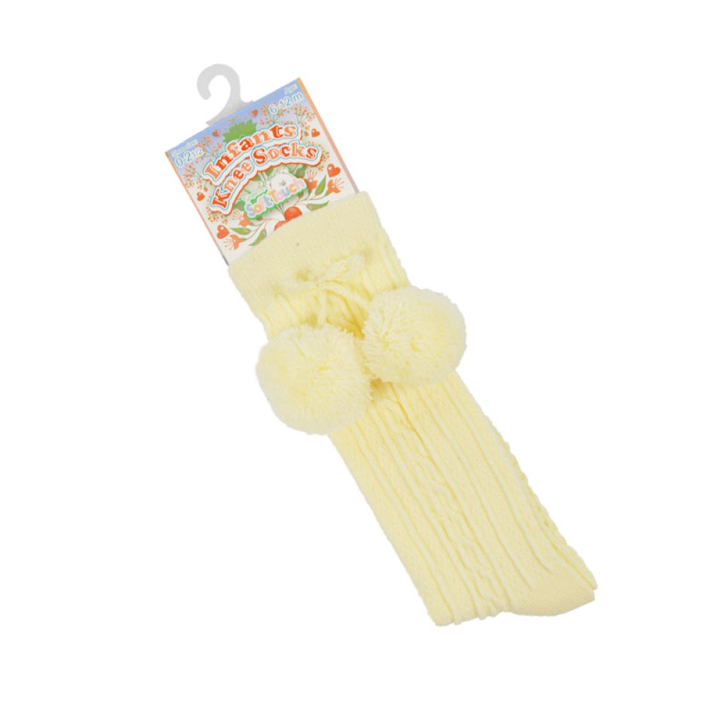 Lemon knee-length baby socks with side pom pom for 0-24 months