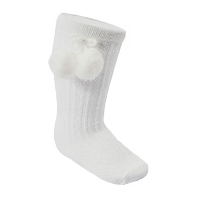 Knee Length Pom-Pom Socks Colour : White Size : 0-6, 6-12, 12-24 Months Comp : Socks: 75% Cotton, 20% Polyester, 5% Elastane, Pom Poms: 100% Polyester