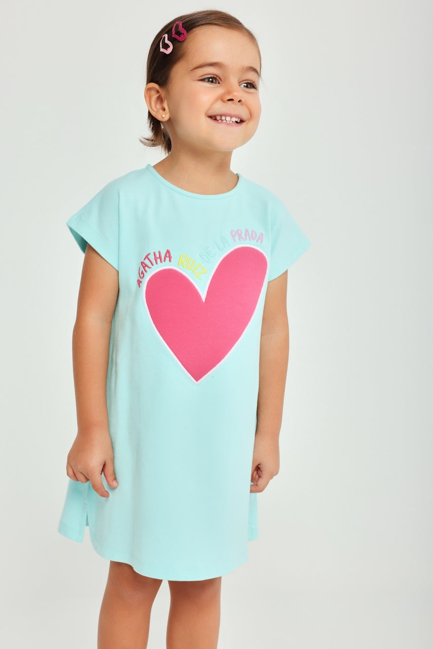 Girls Spanish fashion turquoise dress with colourful embroidered logo detail