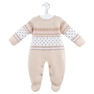 Introduce your little one to the cosiest comfort with our girls beige fair isle knitted onesie. Dandelion branded, designed in the UK, and made in Portugal from 100% knitted cotton, it features a charming fair isle pattern on the front and convenient 5 button openings down the back and under the legs. Available in sizes Newborn, 0-3 months &amp; 3-6 months.