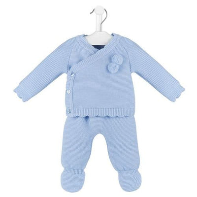 <p>Introducing our new boys blue scallop edge knitted two piece cardigan &amp; legging set - available in sizes newborn up to 3-6 months. Made from 100% Acrylic and manufactured in Portugal for Dandelion, this set features a beautiful scallop edge design, pom pom detail and a convenient 3 button opening for easy dressing. Available in 3 charming colours: white, pink, and blue. A must-have addition to your little one's wardrobe.</p>