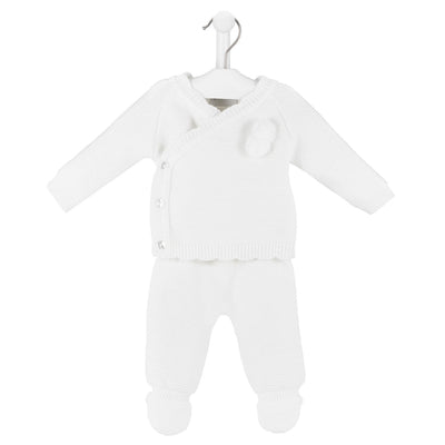 <p>This white knitted two-piece set is perfect for your baby boy or girl. Made with 100% Acrylic and a scallop edge design, this set is manufactured in Portugal for Dandelion. Featuring a cute pompom design and a 3 button opening, it comes in three colours and is available in sizes newborn, 0-3 months and 3-6 months.</p>