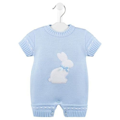 <p>This boys blue knitted bunny romper, made in Portugal for Dandelion, features a charming bunny applique on the front. Crafted from 100% Acrylic Fine Knit, this romper is not only soft and comfortable, but also stylish. Available in 3 colour-ways - Blue, Pink, and Lemon. Perfect for your little one's wardrobe.</p>
