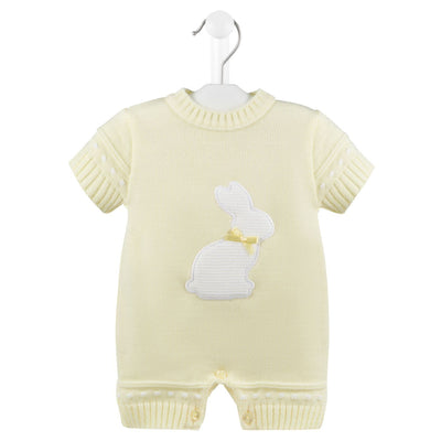 <p>This 100% acrylic fine knit lemon bunny romper, designed by Dandelion and crafted in Portugal, is adorned with a delightful bunny applique on the front. Not only is this romper soft and comfortable, but it also boasts a stylish design. Available in Blue, Pink, and Lemon, this unisex romper is a perfect addition to any baby's wardrobe.</p>