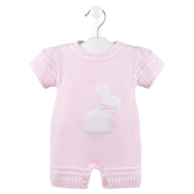 <p>This pink bunny knitted romper, made in Portugal by Dandelion, features a charming bunny applique on the front. Crafted from 100% acrylic fine knit, it comes in 3 delightful colour options: Blue, Pink, and Lemon. Perfect for adding a touch of cuteness and warmth to your little girl's wardrobe.</p>