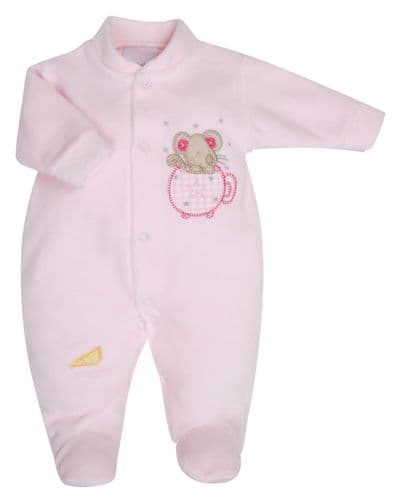 Introducing our Premature Baby Girls Pink Velour Sleepsuit, specially designed for the tiniest of babies. Made from soft velour material, this all-in-one sleepsuit provides comfort and warmth. The adorable mouse in tea cup design adds a touch of cuteness, while the Dandelion branding ensures quality. Perfect for your little one's delicate skin.