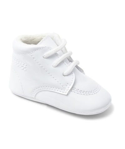 Enhance your child's fashion with Sevva's lace up soft sole pram shoes finished in white. Designed with a cosy fur lining, these shoes provide ultimate comfort and warmth. Suitable for baby boys in sizes 0 to 4, these shoes are expertly crafted with a soft sole for the perfect fit. Add a touch of refinement to your baby's style with these essential pram shoes, available in Baby Blue, White, Navy Blue, and Ivory.   