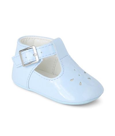 Blue soft sole T-bar baby boys shoes by Sevva – perfect for pram wear and special occasions