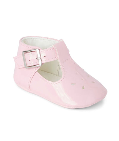 Pink soft sole T-bar baby girl shoes by Sevva – perfect for pram wear and special occasions