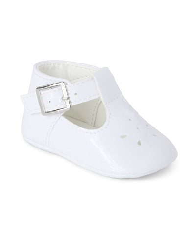 White soft sole T-bar baby boy and girl pram shoes by Sevva – perfect for special occasions and everyday wear