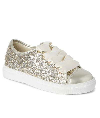 Enhance your flair with our girls' gold glitter chunky sole lace up trainer. Featuring a robust sole and secure lace up fastening, this shoe is ideal for girls with an active lifestyle. The gold colour adds elegance, while the glitter accents provide a unique touch. Offered in sizes 10 to 3, also available in white rainbow and navy blue.