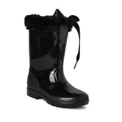 Keep your feet dry and fashionable this season with Sevva's girls' black rain boots. Crafted with durable rubber, these boots boast a soft fur cuff and ribbon tie bow for added style. Availalble in three colours: white, red, or black to complete your autumn or winter look. Available in sizes infant 7 to junior 2.5, perfect for any little fashionista.