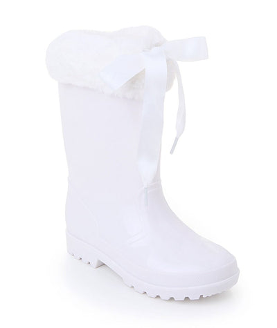 Stay dry and stylish this season with these Sevva branded girls' white rain boots! Made with durable rubber material, these wellies feature a soft fur cuff and ribbon tie bow for a fashionable touch. Available in white, red, and black, perfect for any autumn or winter outfit. Sizes range from infant 7 to junior 2.5.