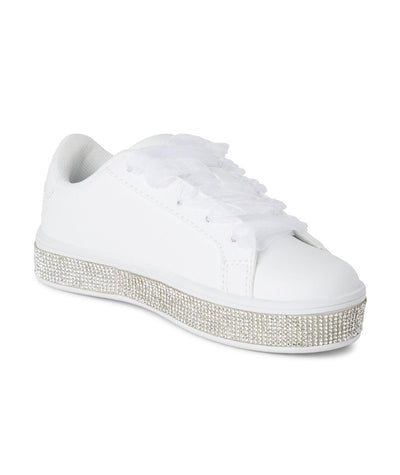 Introducing our new arrival - Girls White Chunky Sole Diamanté Trainers! These stylish trainers feature a sleek white design and chunky sole for both fashion and function. The added diamante detail on the sole and ribbon shoe lace design provide a touch of glamour. Perfect for casual wear or for special occasions like communions. From the trusted brand Sevva. Sizes available from a infant 10 up to a junior 2.5.