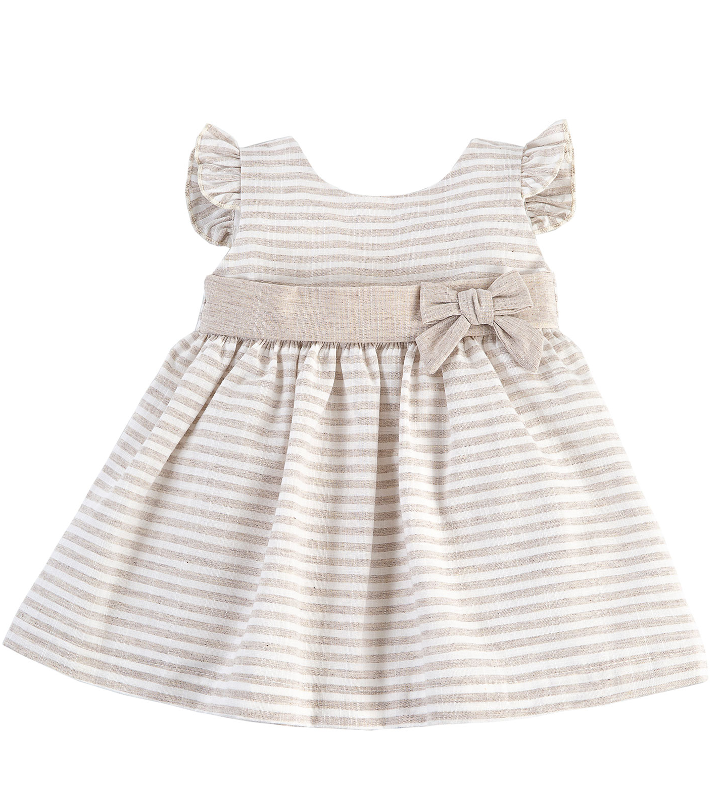 Girls Beige and White Striped Spanish Dress With Side Bow Detail