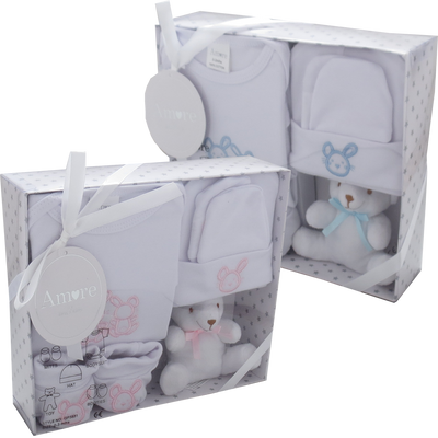 Unbox the perfect gift for a newborn with our Baby Pink & Blue Five Piece Boxed Luxury Gift Set. Featuring the signature Amore by Kris x Kids branding, this set includes a soft toy, bodysuit, hat, pair of scratch mitts, and bootees. Made for 0-3 month olds, this set is perfect for keeping your little one cozy and stylish.