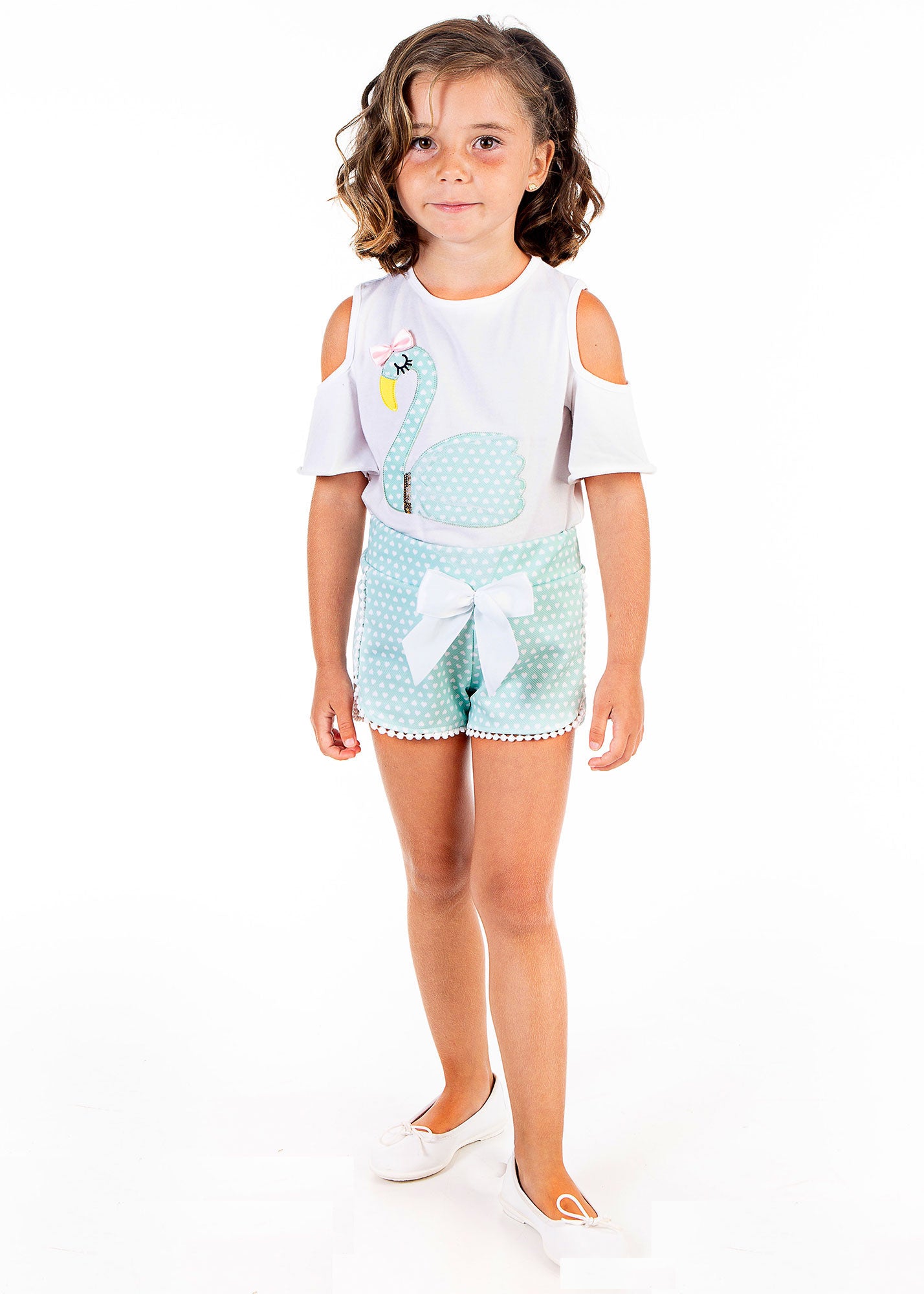 Girls Spanish Two Piece Top and Shorts Set in Turquoise and White