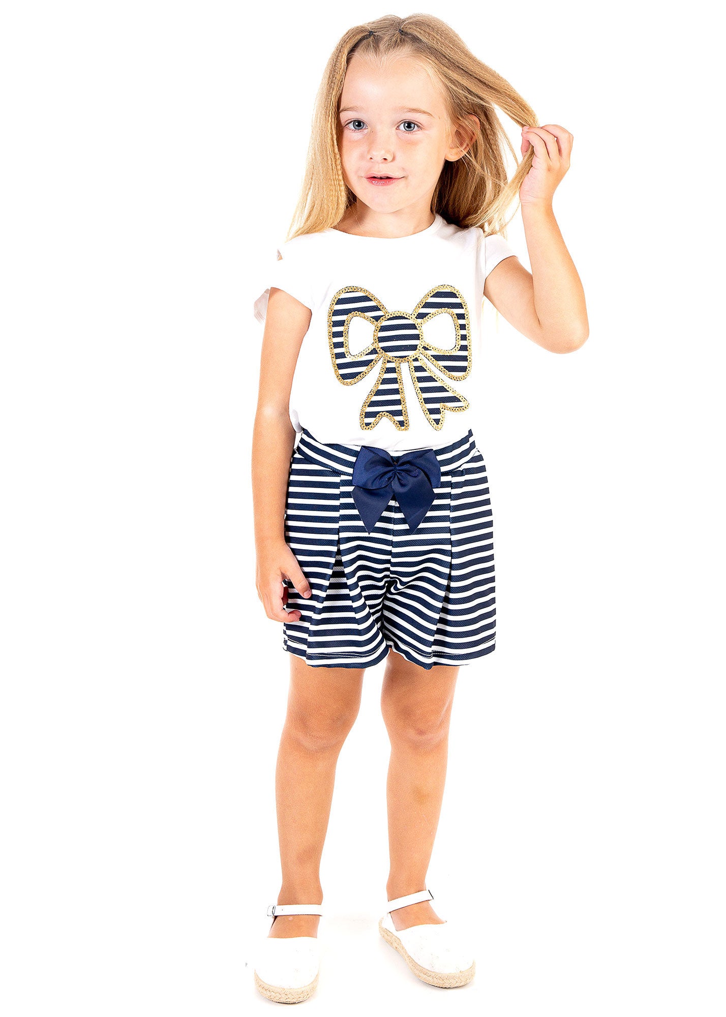 Girls Two Piece Navy and White Striped Set