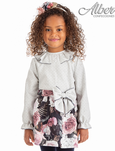 Alber - Girls Grey Top and Navy Floral Printed Skirt 2 piece set - 6868 - Kidz Emporium 