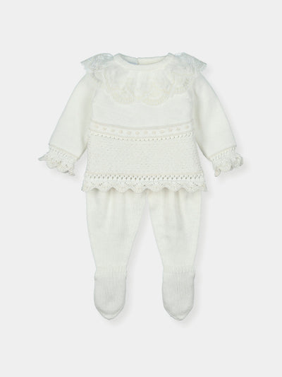 Mac Ilusion Baby Girls White Two Piece Fine Knitted Set With Lace Collar Detail - Spanish Babywear
