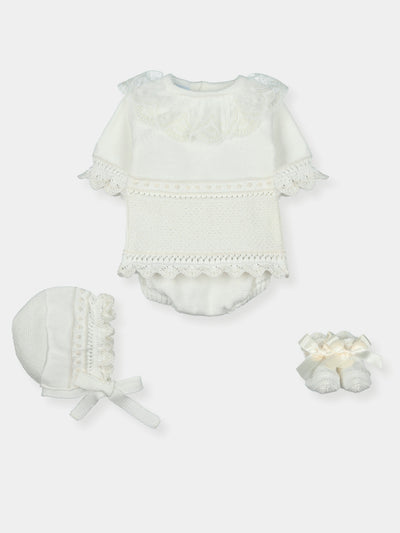 Mac Ilusion Baby Girls White Four Piece Fine Knitted Set With Bloomers, Booties & Bonnet - Spanish Baby Girls Clothing Boutique