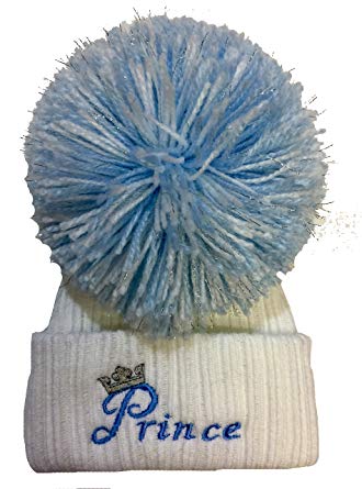 Baby Boys White & Blue Soft Fluffy Pom Pom Prince Winter Hat - Kidz Emporium 