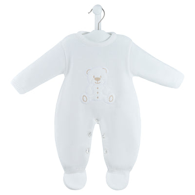 Dandelion Unisex Baby White & Taupe Teddy Bear Knitted Onesie