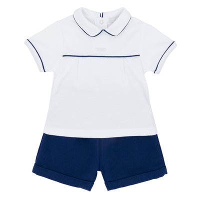 Blues Baby branded Boys Navy Blue & White Shorts And T-Shirt Set With Piping Detail