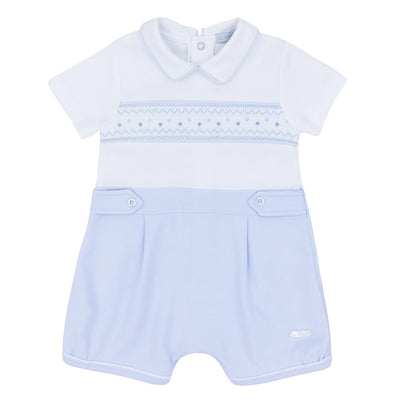 Blues Baby Boys Blue & White Collared Smocking Detail Interlock Romper - Baby & Childrenswear Clothing Boutique