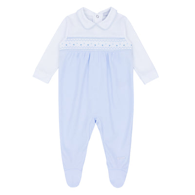Blues Baby Baby Boys Blue And White Cotton Smocking Detail Sleeper - Online Baby & Children's Clothing Boutique