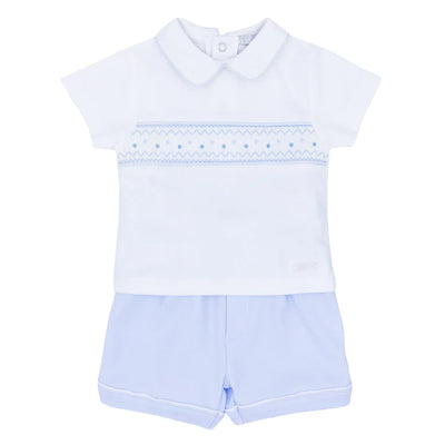 Blues Baby Boys Blue & White Cotton Interlock Polo Shirt And Short Set With Smocking Detail - Online Baby & Children's Clothing Boutique
