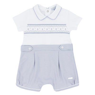 Blues Baby Boys Grey & White Collared Smocking Detail Interlock Romper - Online Baby & Children's Clothing Boutique