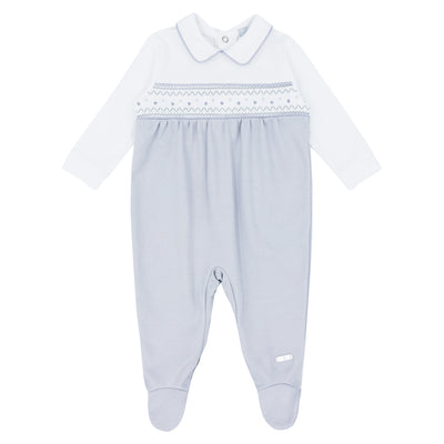 Blues Baby Baby Boys Grey & White Cotton Smocking Detail Sleeper, Sleepsuit, Babygrow - Baby Boutique Clothing