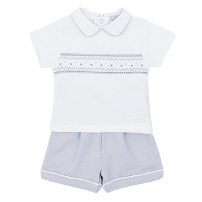 Blues Baby Boys Grey & White Cotton Interlock Polo Shirt And Short Set With Smocking Detail - Baby & Childrenwear Clothing Boutique