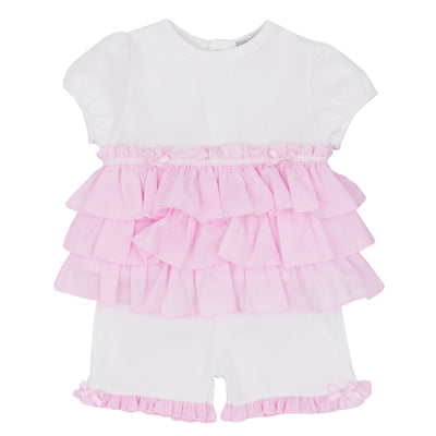 Blues Baby - Girls Two Piece White & Pink Top And Short Set With Woven Frill - Girls Boutique Clothing