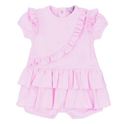 Blues Baby Girls Pink Daisy Applique Romper With Frill & Piping Detail