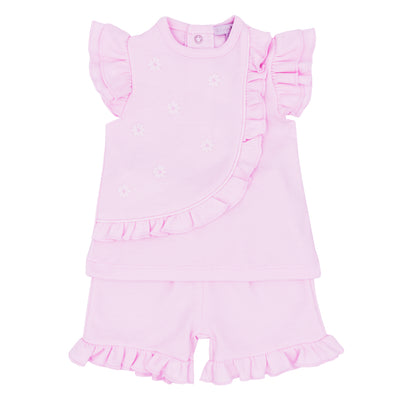 Blues baby Girls Pink Daisy Applique T-Shirt And Short Set With Frill