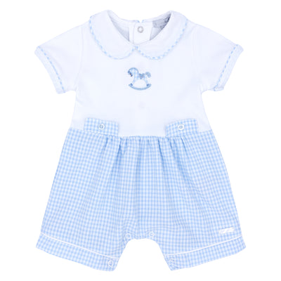 Blues Baby Boys Blues & White Mini Check Seersucker Shortie/Romper With Rocking Horse Applique - Baby Boys Boutique Outfits