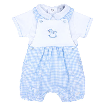 Blues Baby Boys Blue & White Mini Check Seersucker Dungaree And T Shirt With Rocking Horse Embroidery - Baby Boys Summer Boutique Clothes
